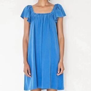 Sundry Mini Trapeze Dress Blue Square Neck Flutter Sleeve Sundress Cotton Summer